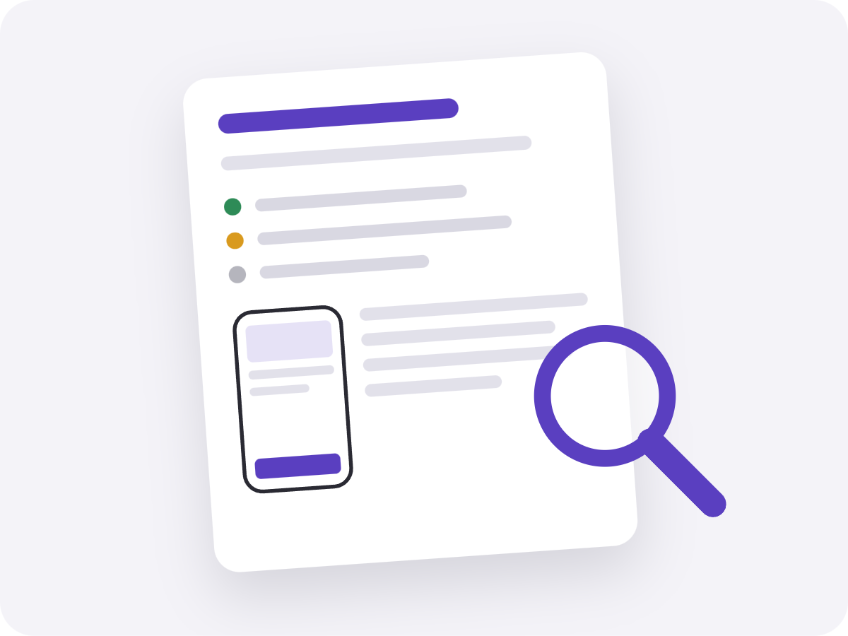 Illustration of a one-page shop review note being examined with a magnifying glass